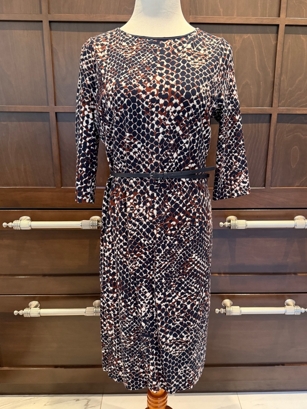 Printed Belted Midi Dress in Black and Brown
